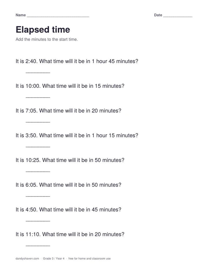 Elapsed time worksheet preview