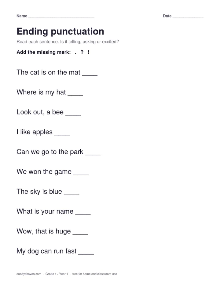 Ending punctuation worksheet preview