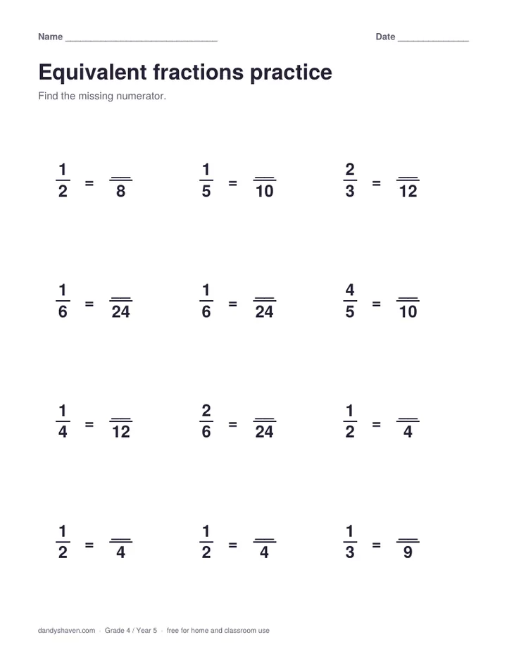 Equivalent fractions practice worksheet preview