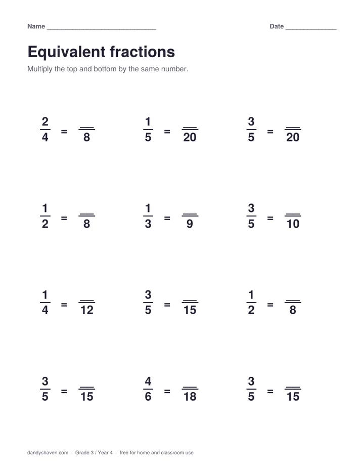 Equivalent fractions worksheet preview