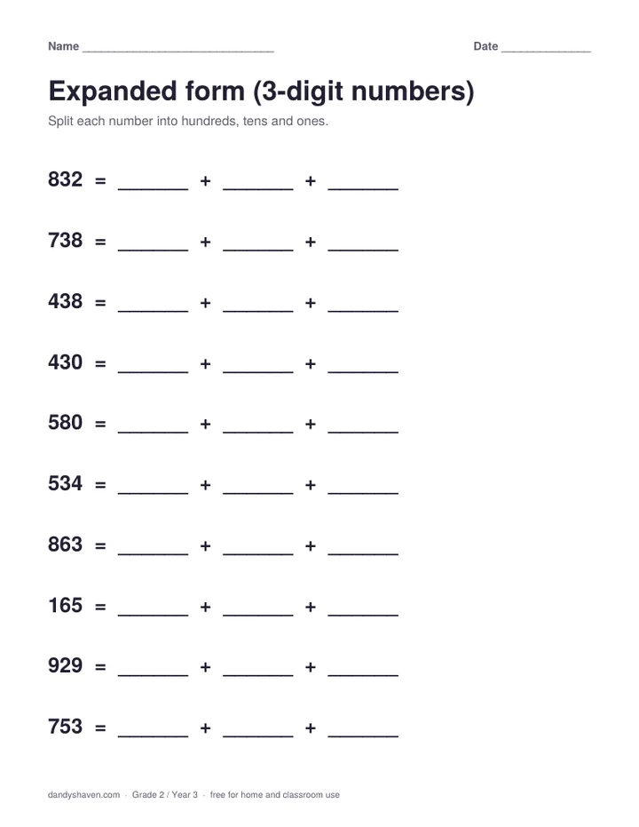 Expanded form (3-digit numbers) worksheet preview