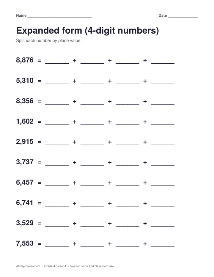 Expanded form (4-digit numbers) worksheet preview