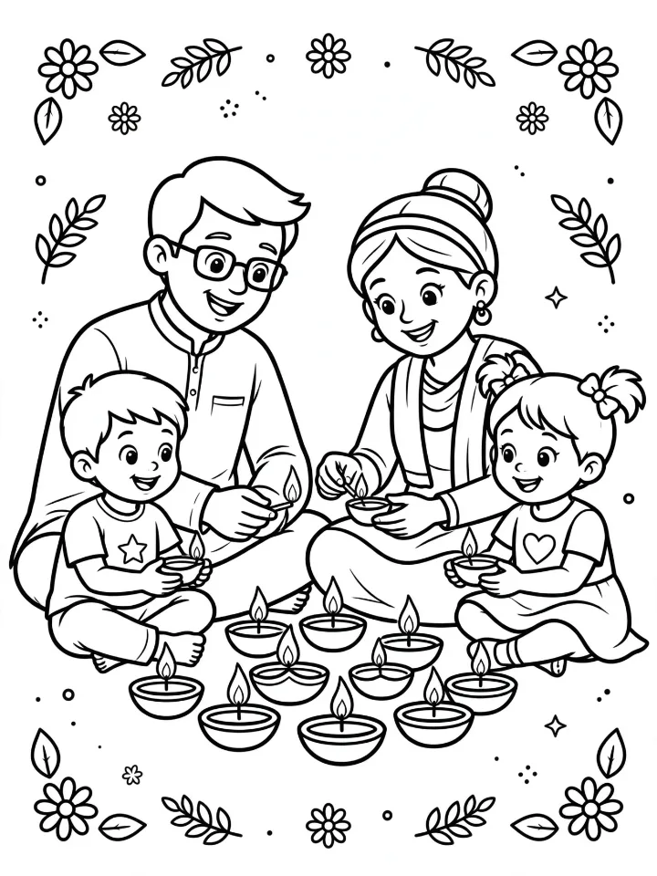 Family lighting diyas coloring page