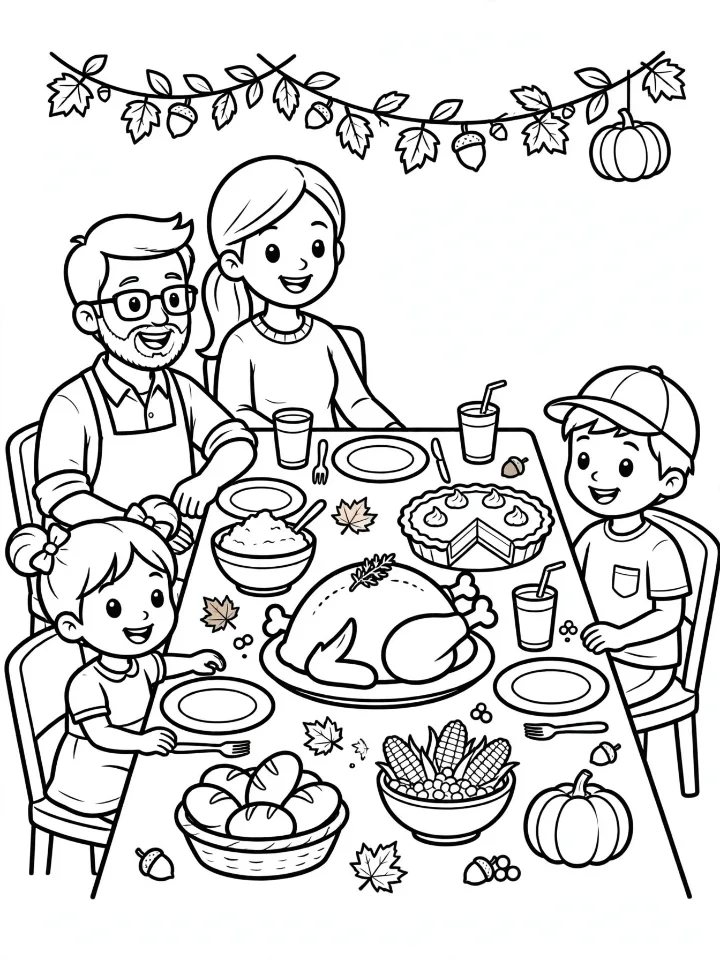 Family thanksgiving dinner coloring page