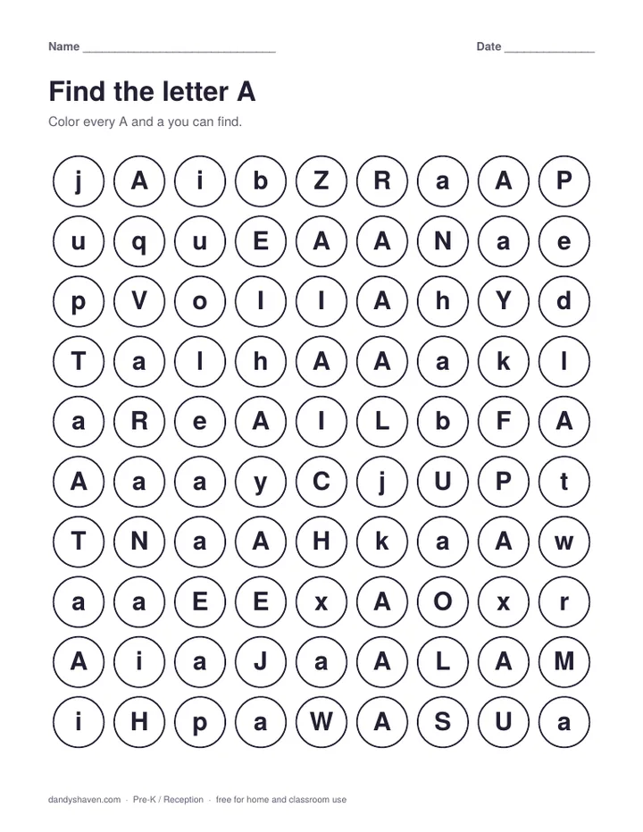 Find the letter A worksheet preview