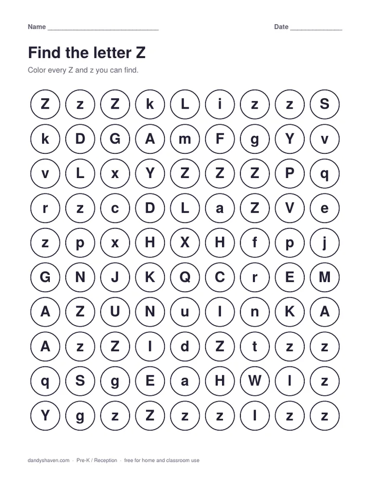 Find the letter Z worksheet preview