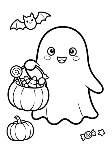 Ghost trick-or-treating coloring page