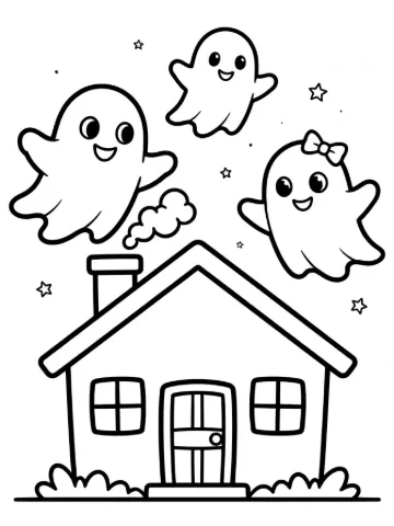 Ghosts flying over a house coloring page