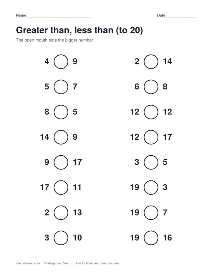Greater than, less than (to 20) worksheet preview