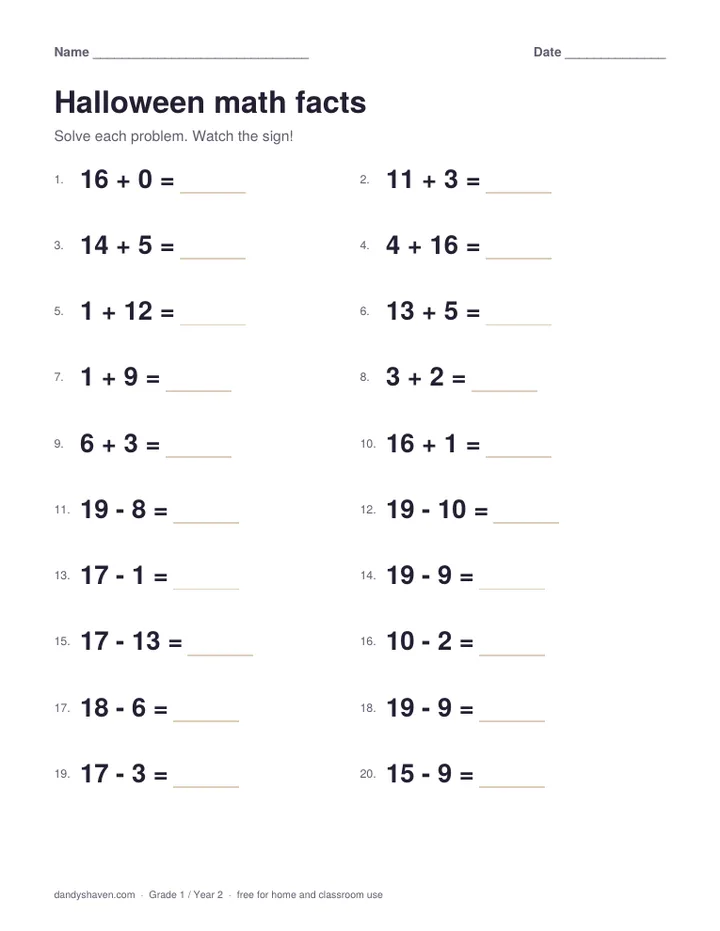 Halloween math facts worksheet preview