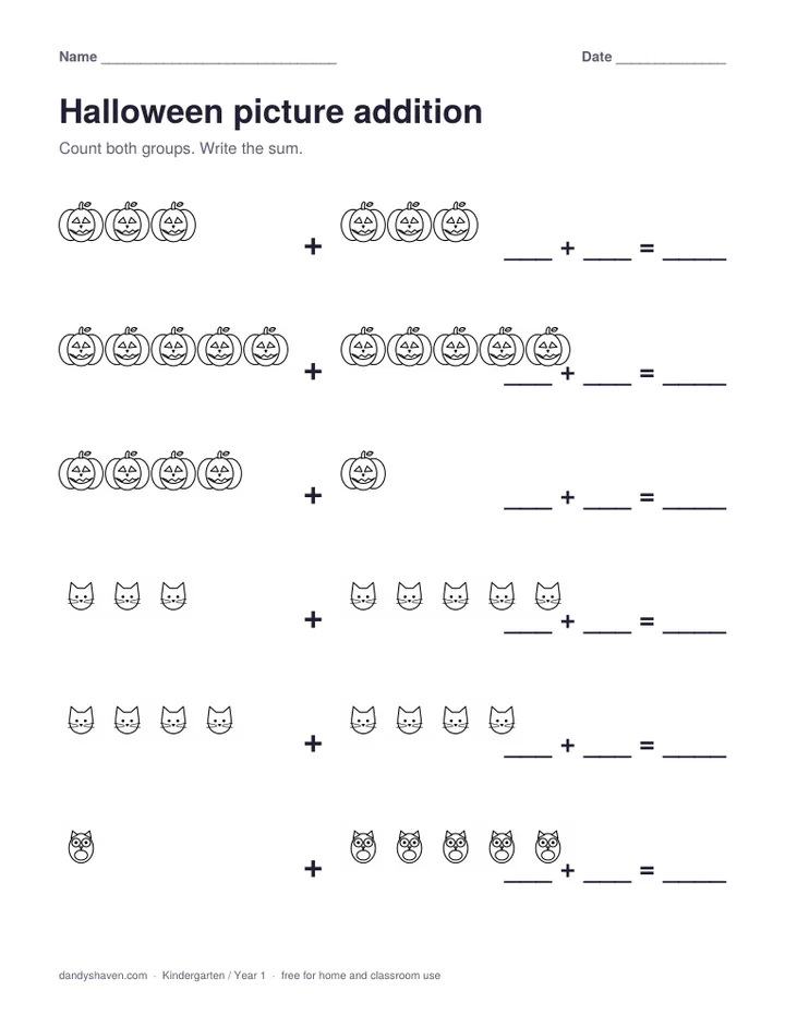 Halloween picture addition worksheet preview