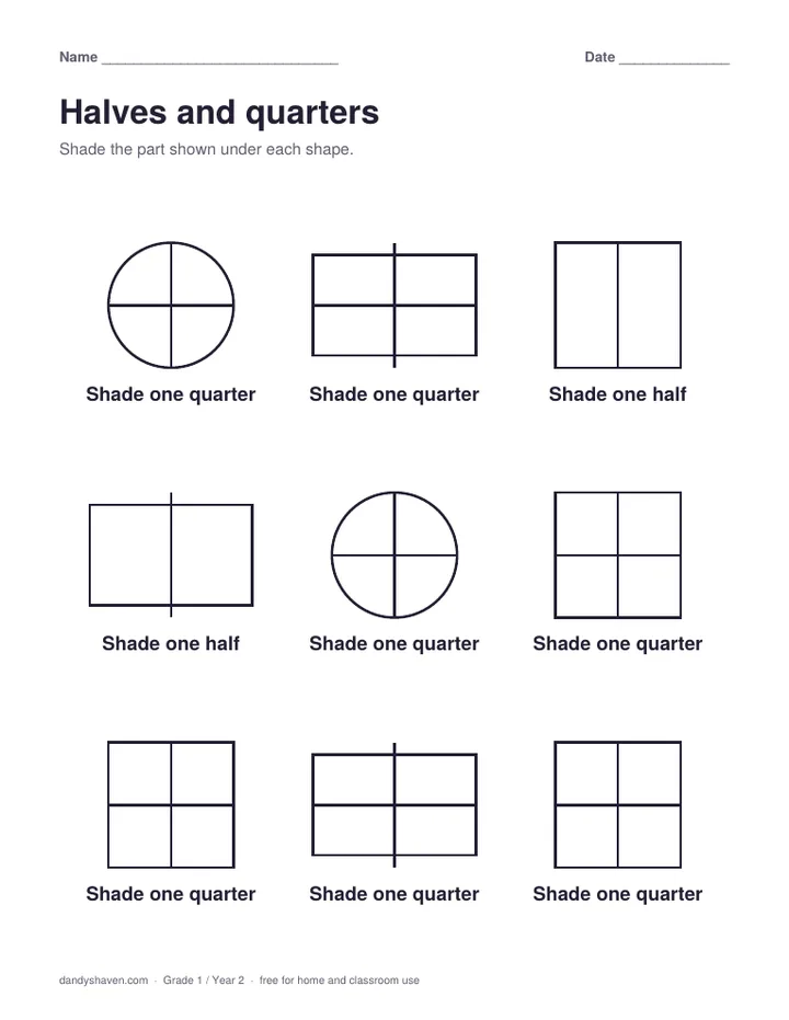 Halves and quarters worksheet preview