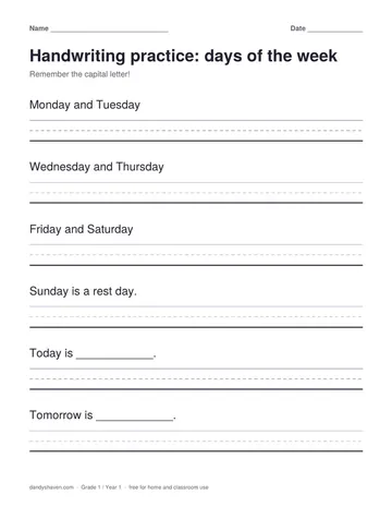 Handwriting practice: days of the week worksheet preview