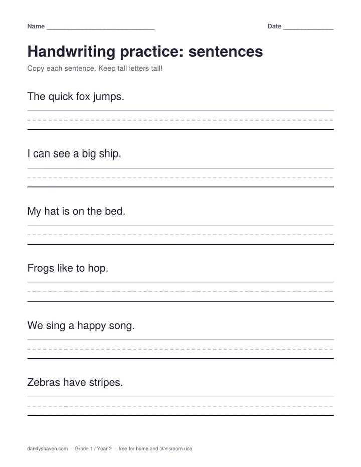 Handwriting practice: sentences worksheet preview
