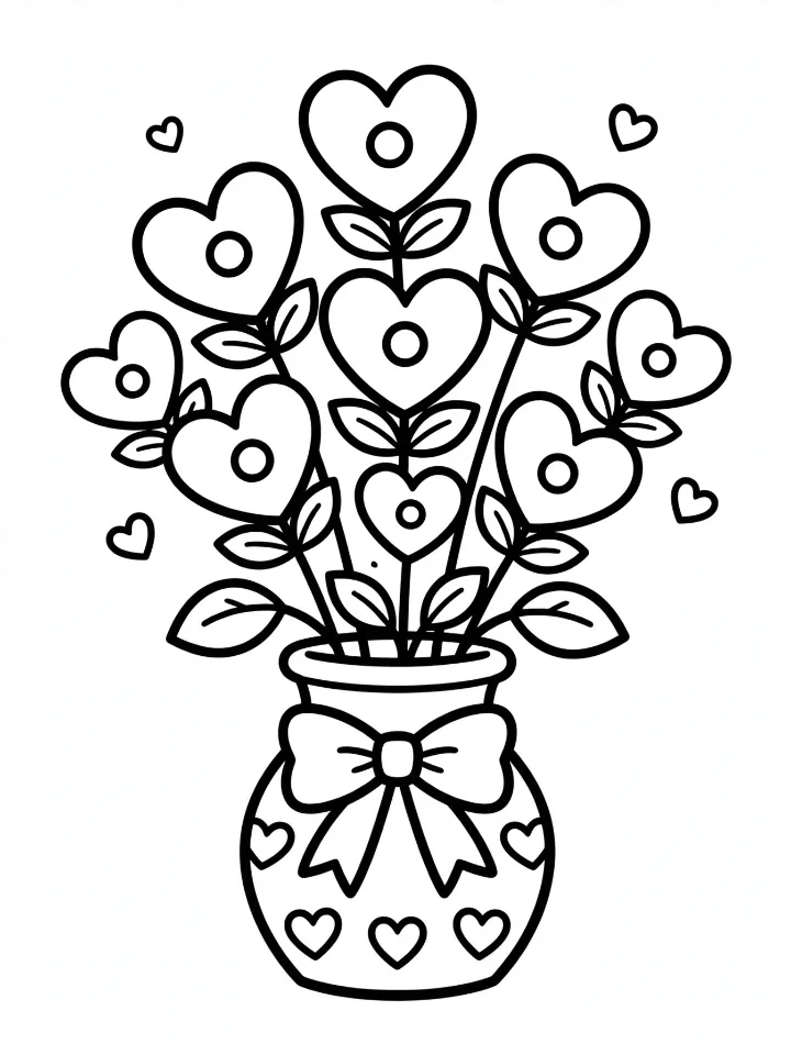 Heart bouquet in a vase coloring page