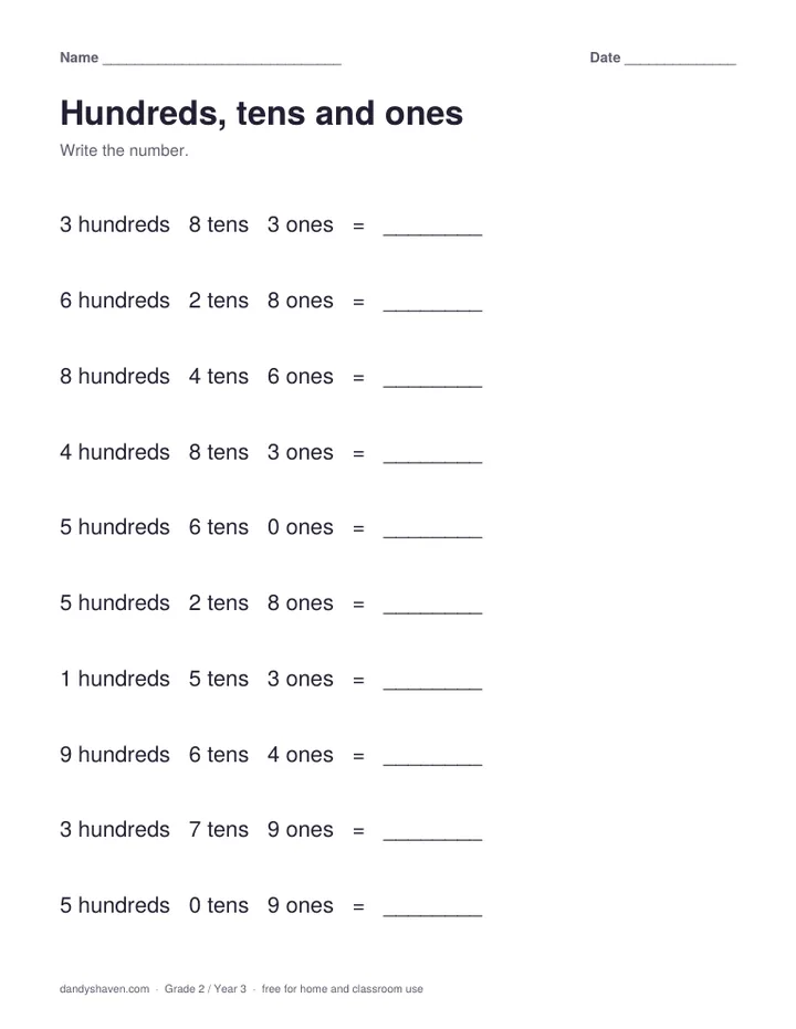 Hundreds, tens and ones worksheet preview