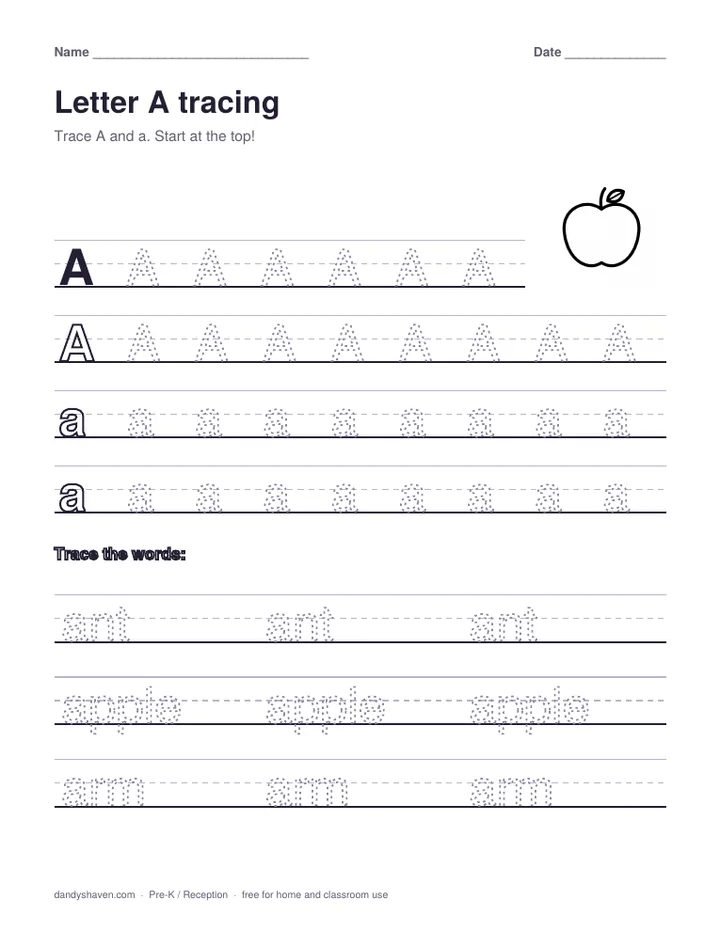 Letter A tracing worksheet preview