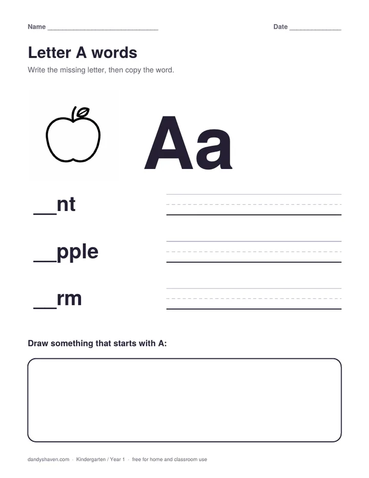 Letter A words worksheet preview