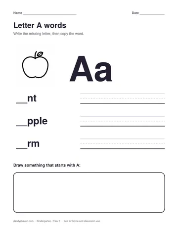 Letter A words worksheet preview