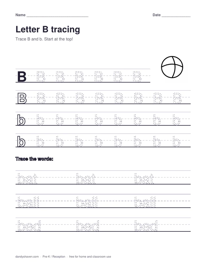 Letter B tracing worksheet preview