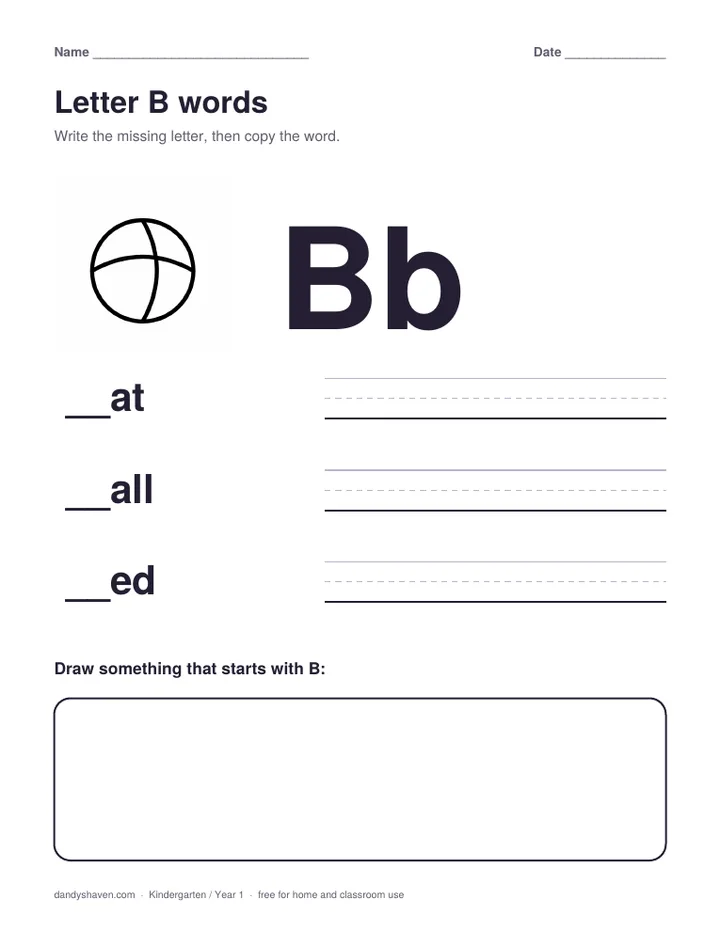 Letter B words worksheet preview