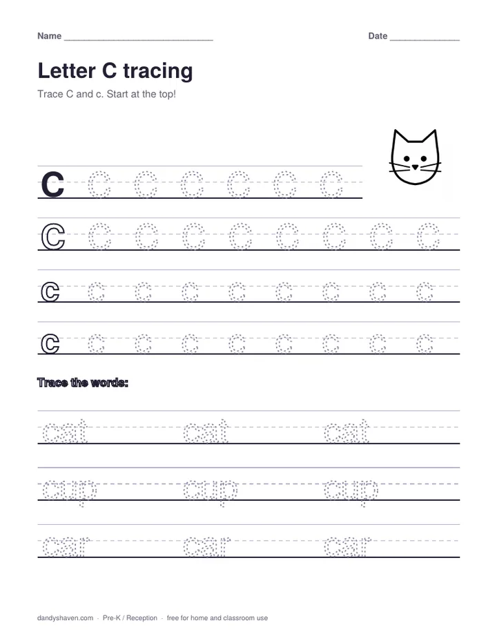 Letter C tracing worksheet preview