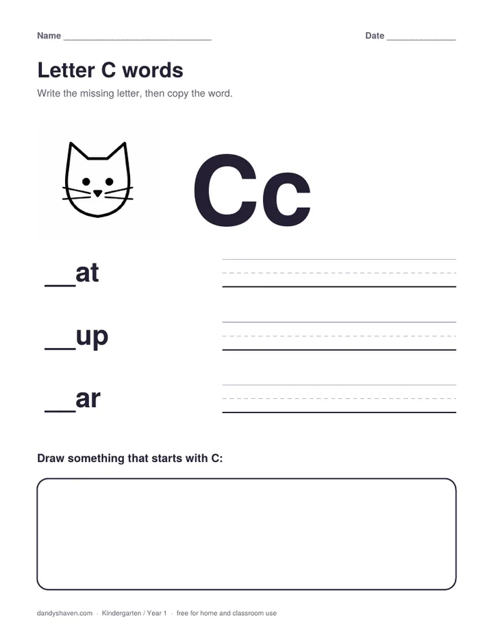 Letter C words worksheet preview