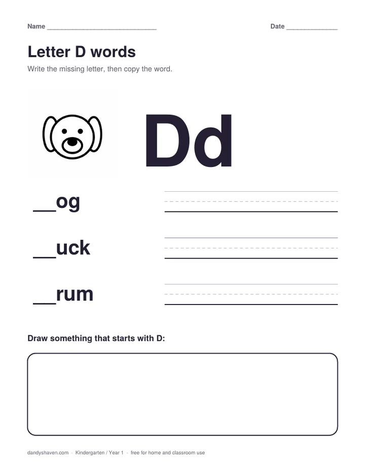 Letter D words worksheet preview
