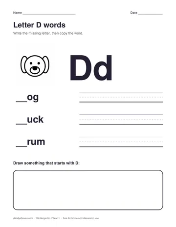 Letter D words worksheet preview