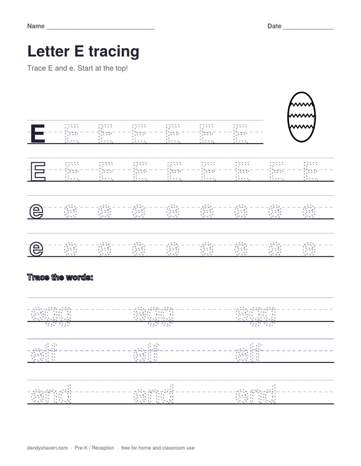 Letter E tracing worksheet preview