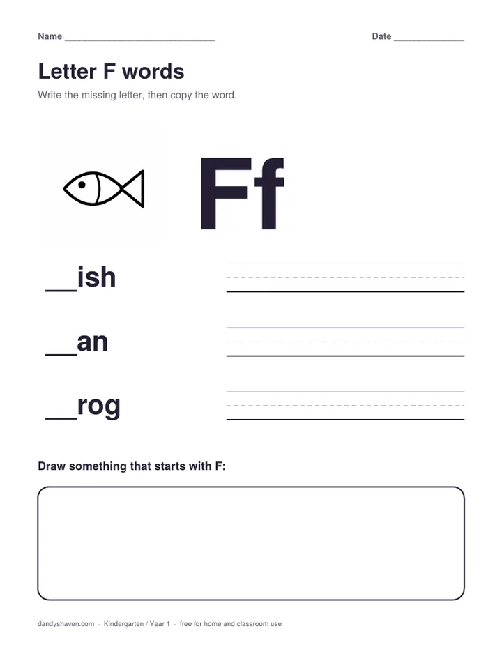 Letter F words worksheet preview
