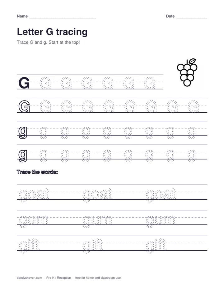 Letter G tracing worksheet preview