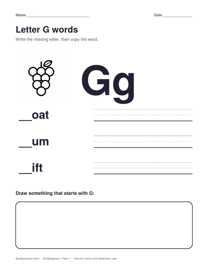 Letter G words worksheet preview