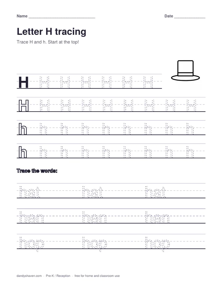 Letter H tracing worksheet preview