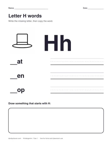 Letter H words worksheet preview