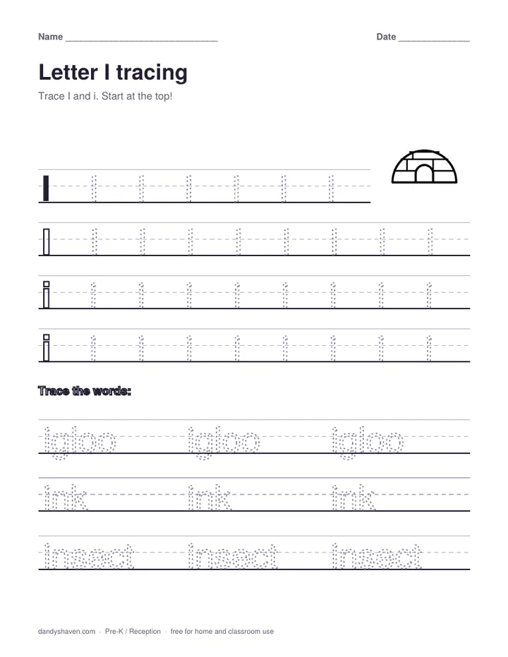 Letter I tracing worksheet preview
