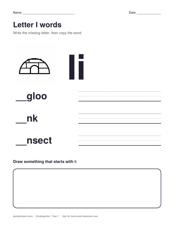 Letter I words worksheet preview