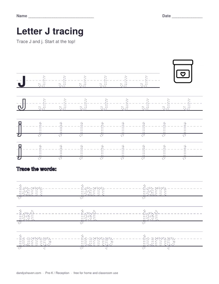 Letter J tracing worksheet preview