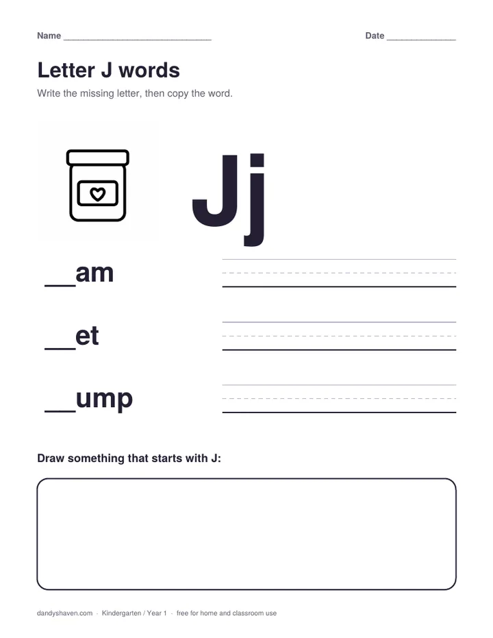 Letter J words worksheet preview