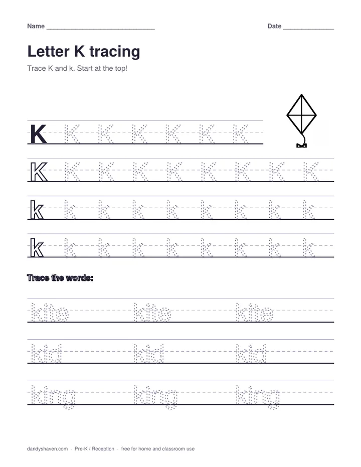 Letter K tracing worksheet preview