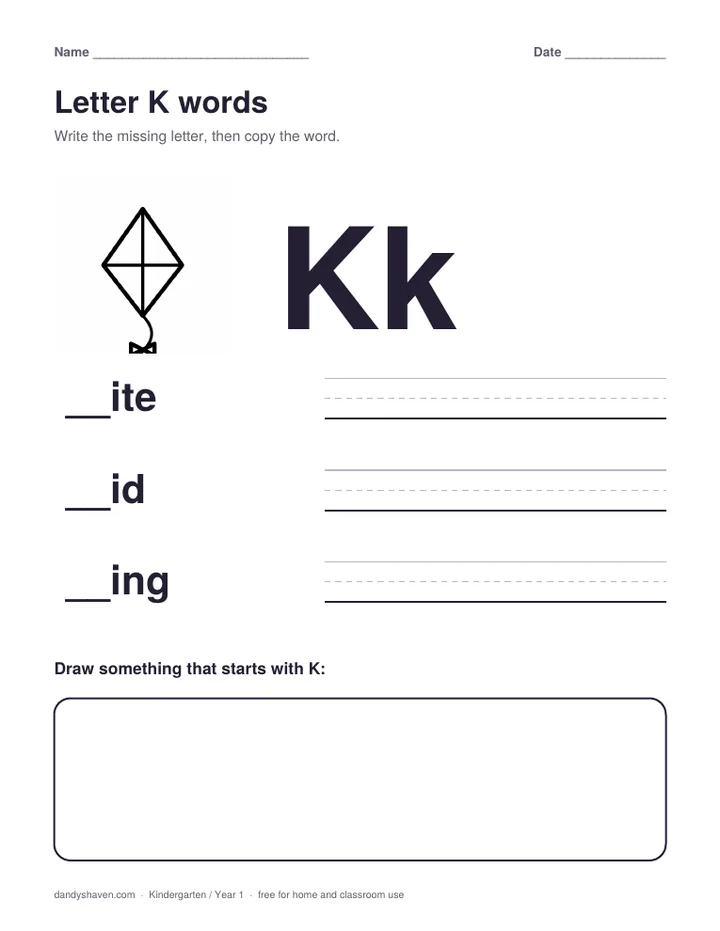 Letter K words worksheet preview