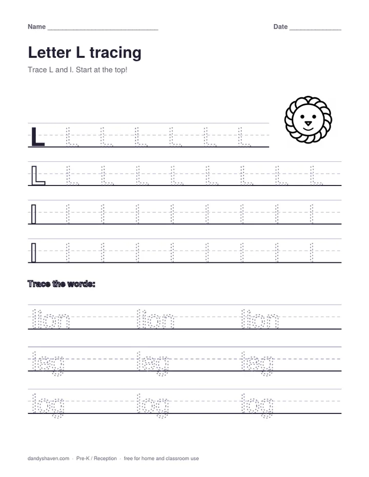 Letter L tracing worksheet preview