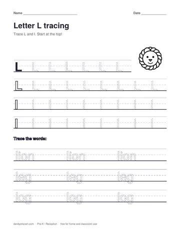Letter L tracing worksheet preview