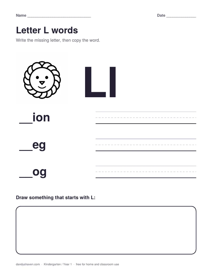 Letter L words worksheet preview