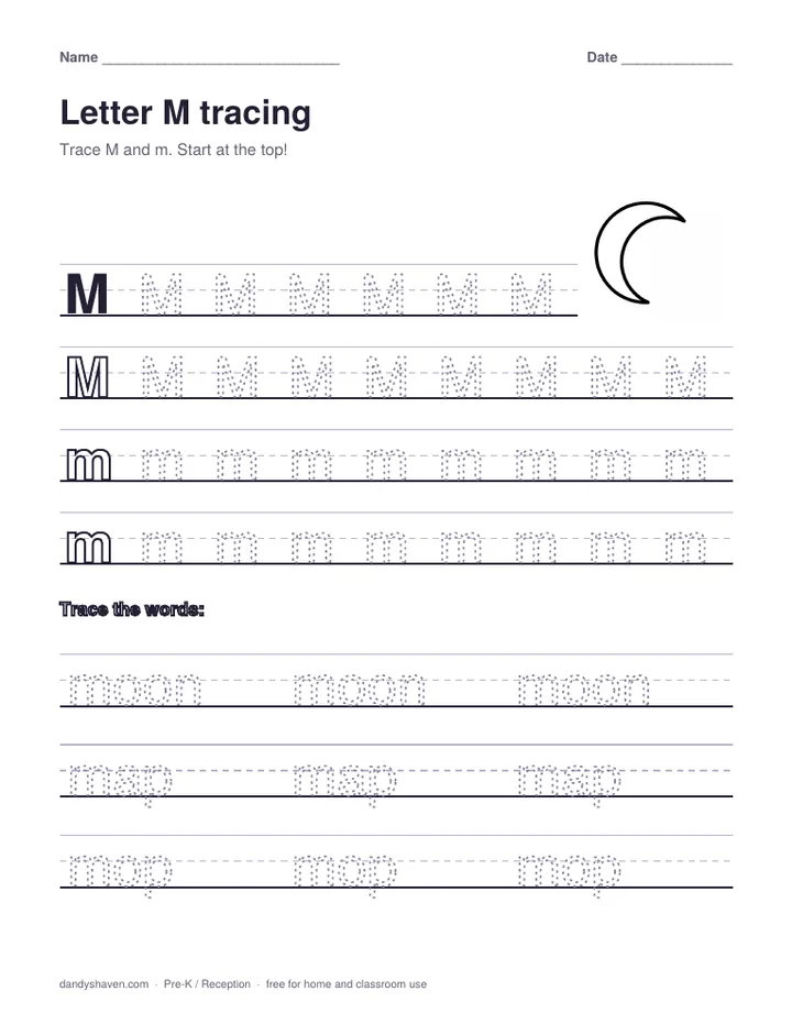 Letter M tracing worksheet preview