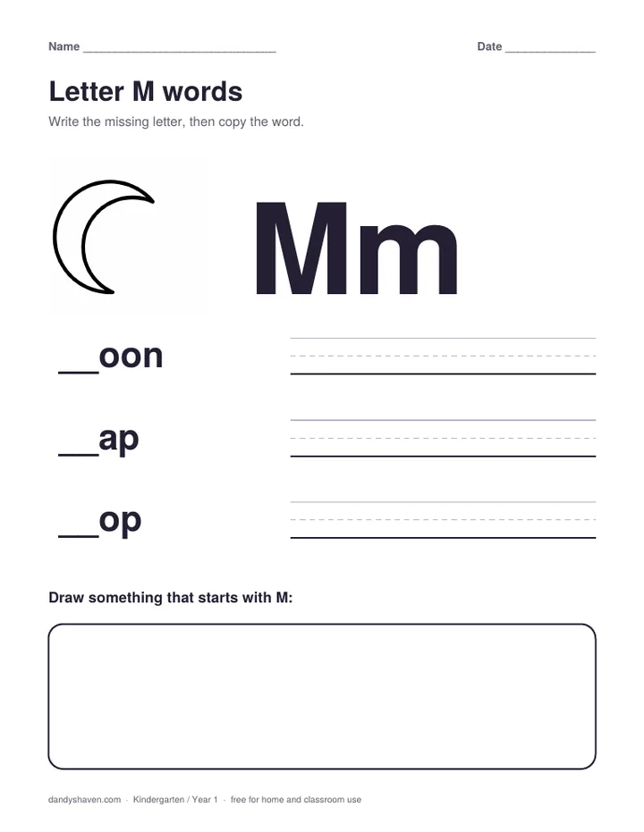 Letter M words worksheet preview