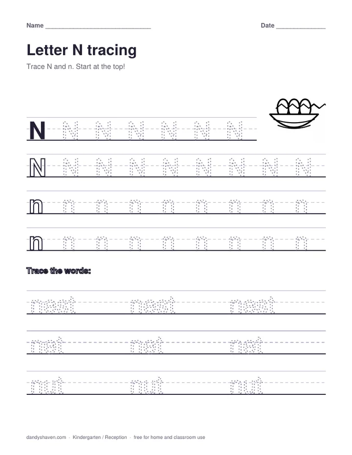 Letter N tracing worksheet preview
