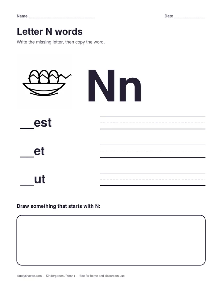 Letter N words worksheet preview