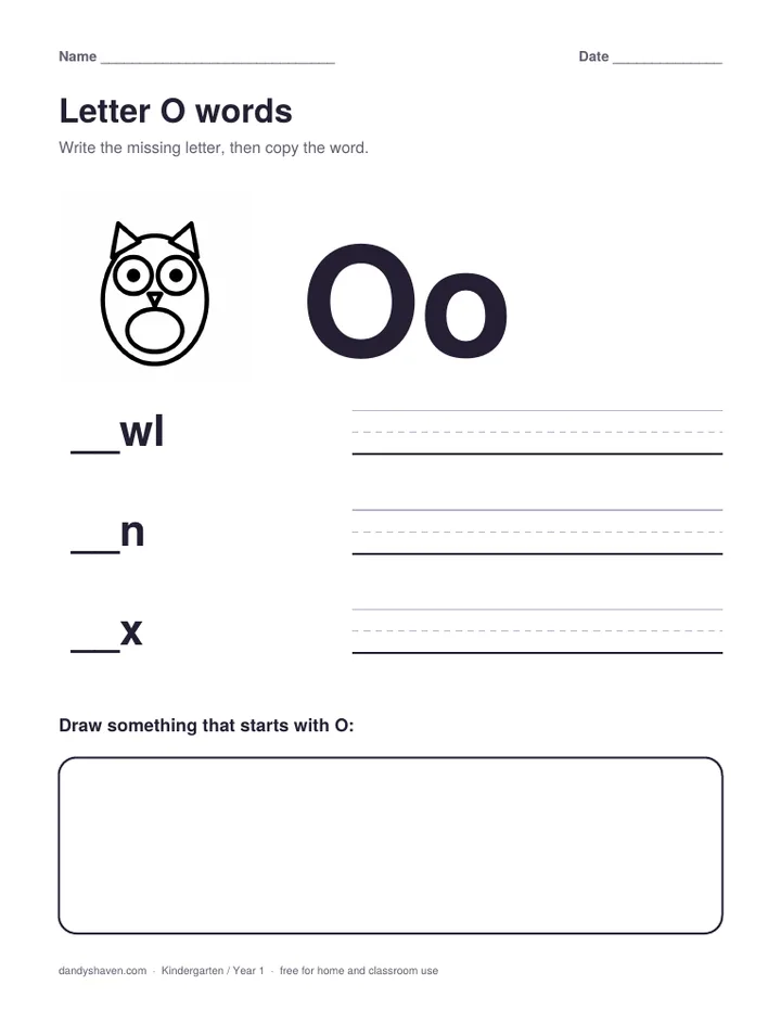Letter O words worksheet preview