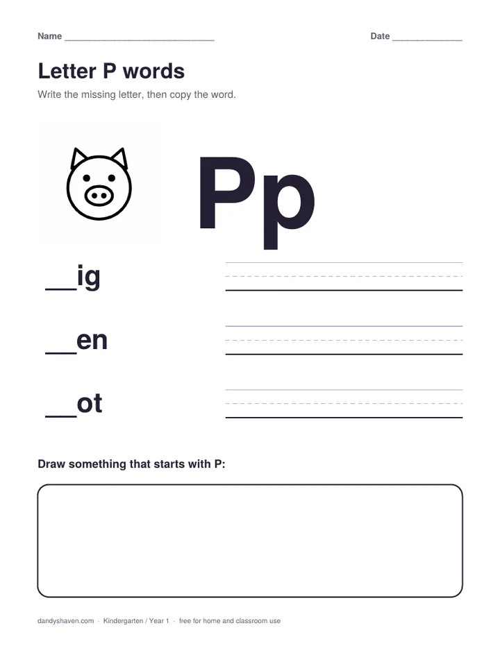 Letter P words worksheet preview